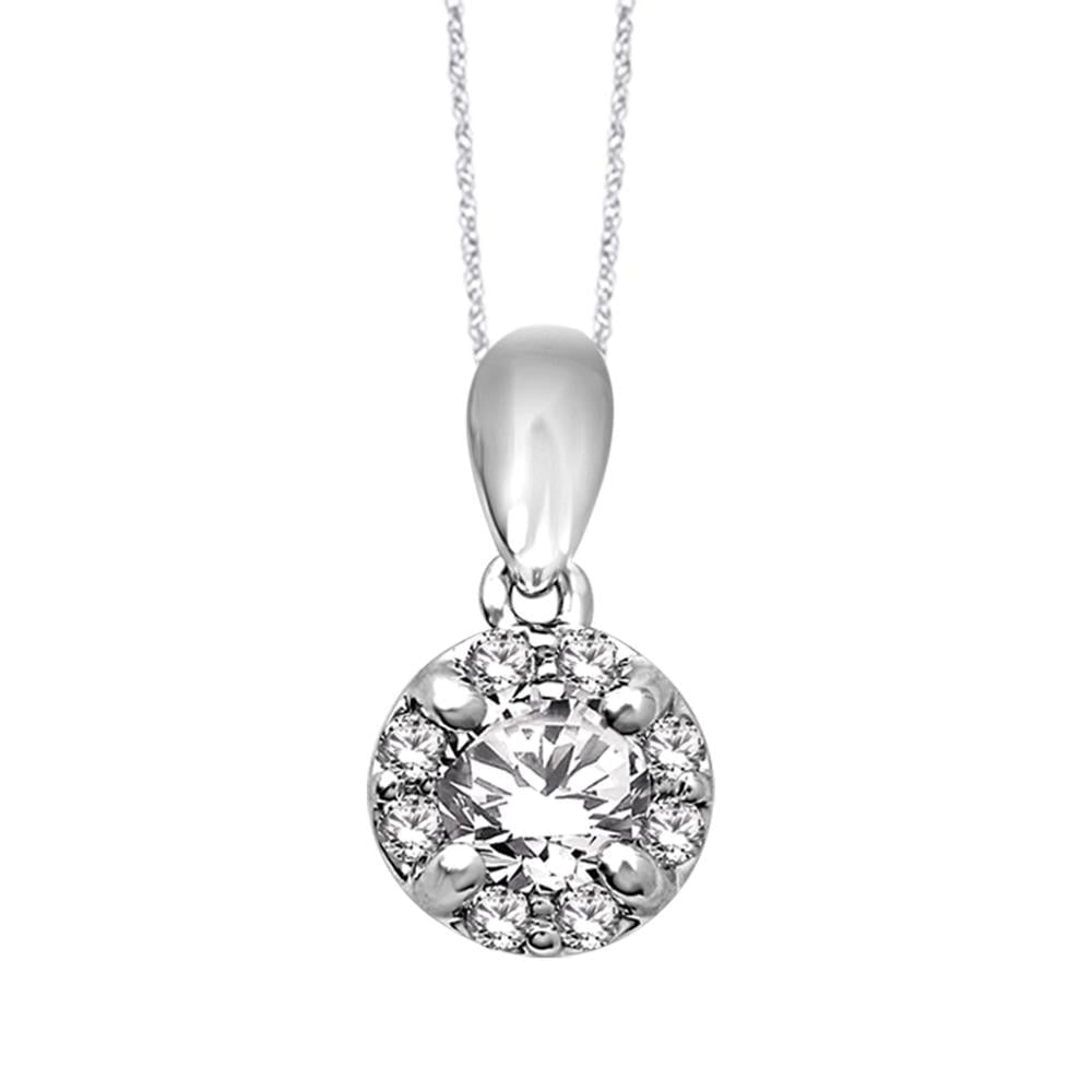 14K White Gold 1/3 Ct.Tw. Diamond Fashion Pendant: 14K White Gold 1/3 Ct.Tw. Diamond Fashion Pendant This eye-catching pendant is available in 14K White Gold. There are 9 round diamonds with a total carat weight of 1/3 Ct.Tw. set in a shared prong set