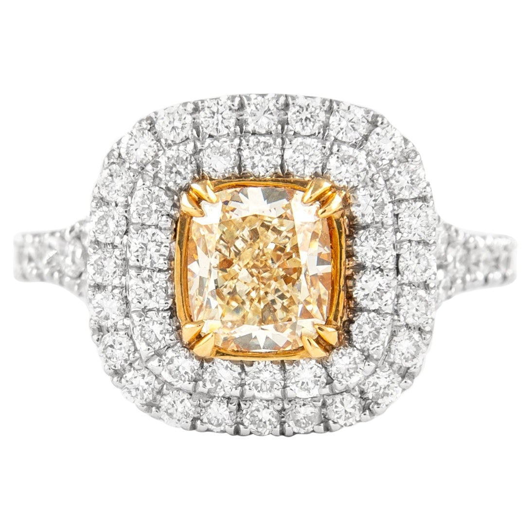 2.12ct Fancy Yellow Diamond Halo Ring 18k Two Tone EGL Certified: 2.12ct Fancy Yellow Diamond Halo Ring 18k Two Tone EGL Certified This exquisite Fancy Yellow VS2 Diamond Halo Ring features a stunning 2.12 carats total diamond weight, showcasing a 1.17 carat cushion