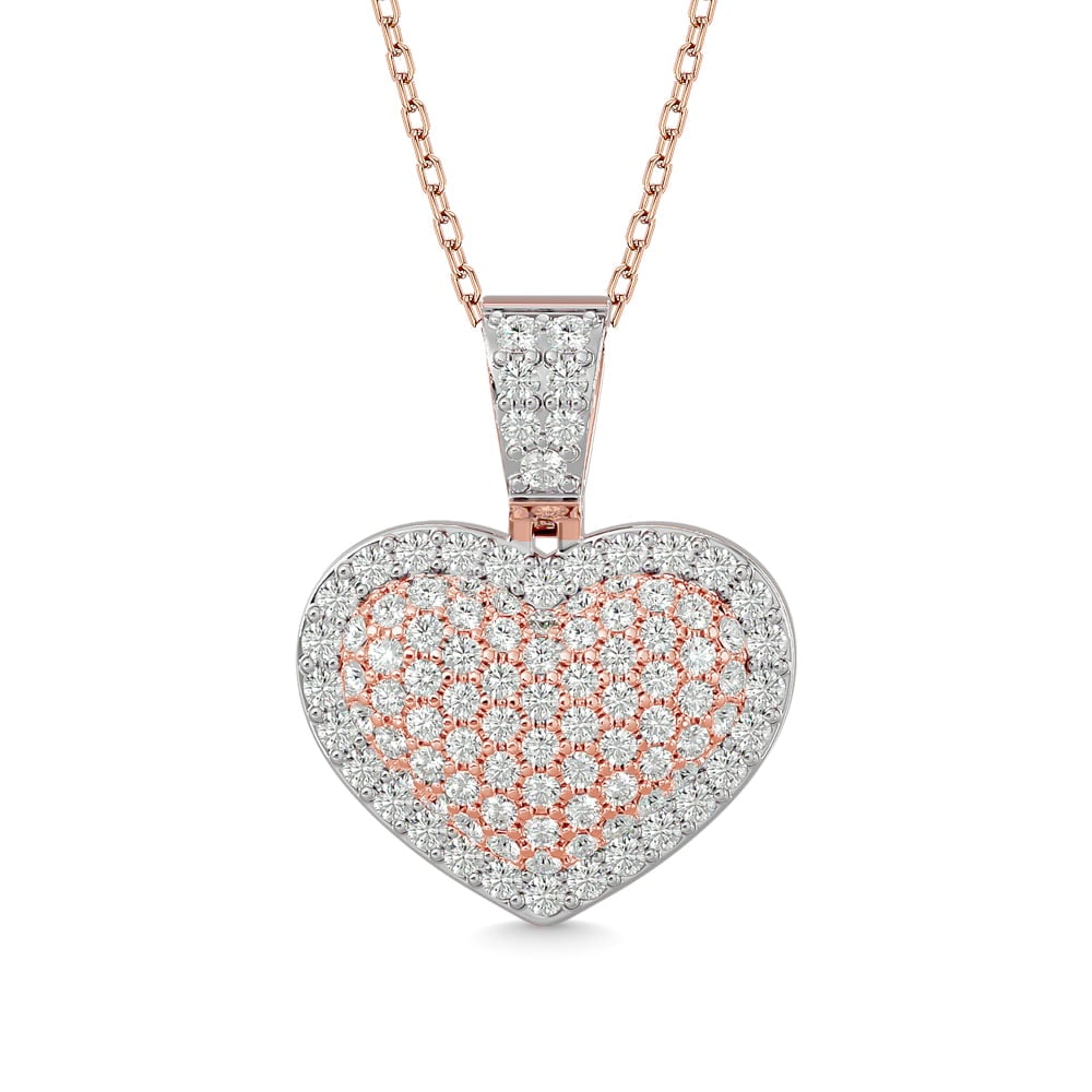 Diamond 1 1/2 Ct.tw Heart Pendant in 10K Pink Gold With White Gold Touch: Diamond 1 1/2 Ct.tw Heart Pendant in 10K Pink Gold With White Gold Touch Wow her with this beautiful heart pendant. Crafted in cool 10K Pink Gold, this dazzling design features a shimmering round cut 