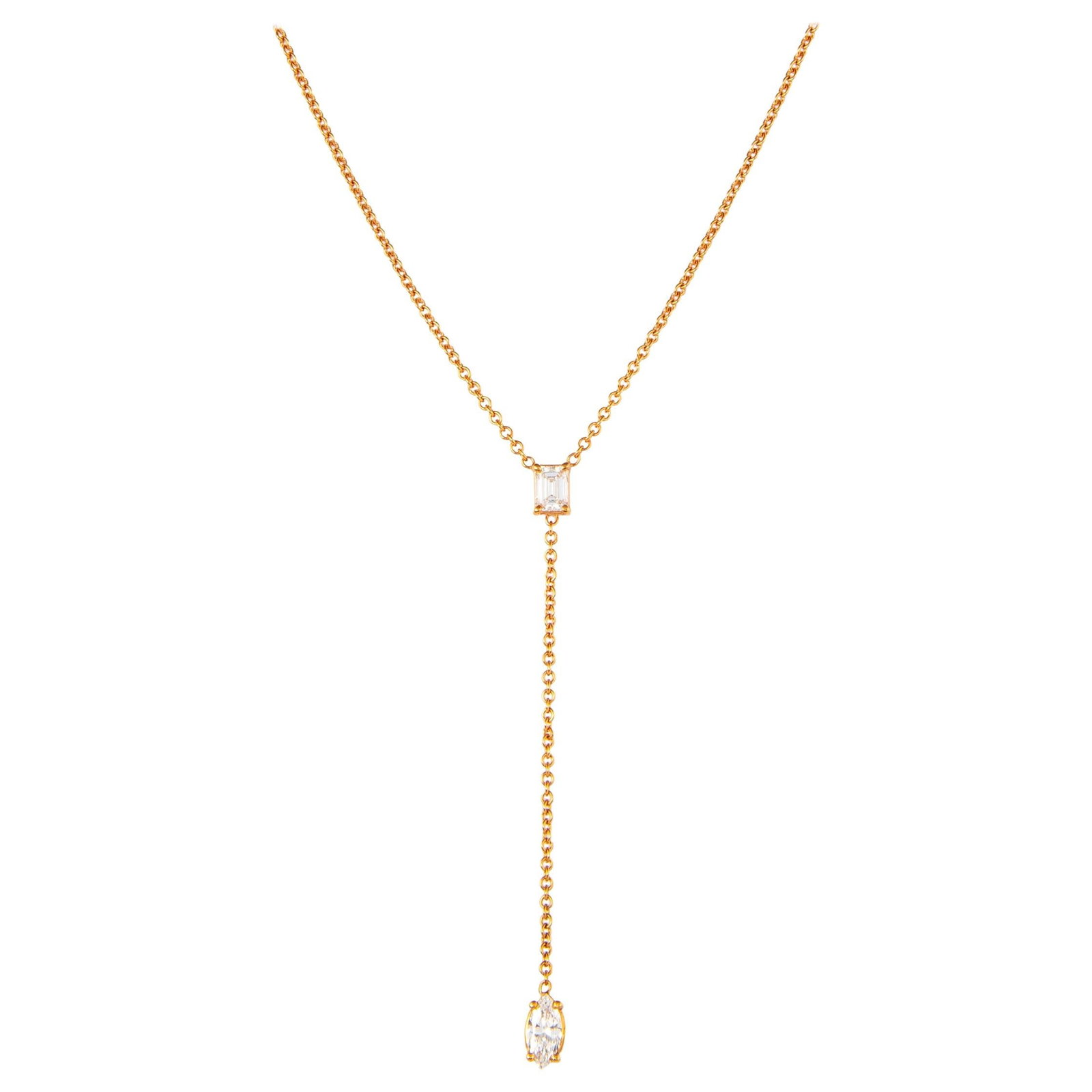 0.83ct Emerald Cut Diamond Necklace in 18k Rose Gold: 0.83ct Emerald Cut Diamond Necklace in 18k Rose Gold This exquisite 0.83ct Emerald Cut Diamond Drop Necklace is crafted from 18k rose gold. It features two stunning emerald cut diamonds, totaling 0.83