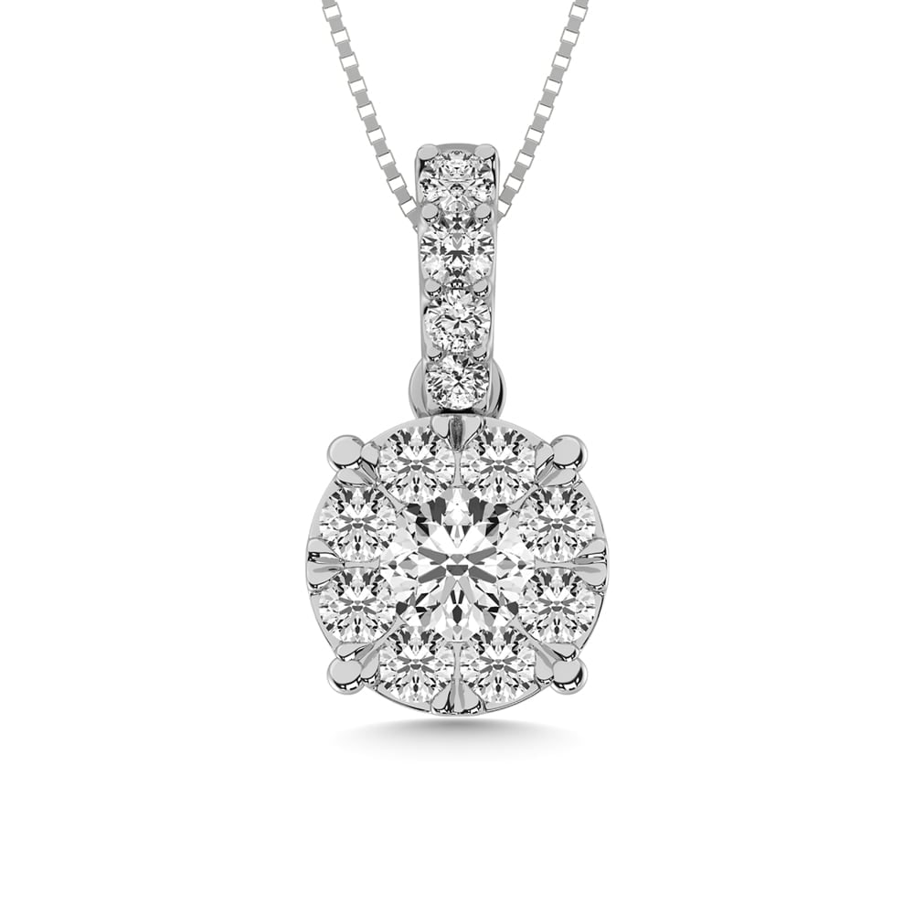 14K White Gold 1/2 Ct.tw Diamond Fashion Pendant: 14K White Gold 1/2 Ct.tw Diamond Fashion Pendant This 14K white gold Pendant showcases 1/2 Ct.Tw. round diamond at center and surrounded by smaller diamonds. 14k White Gold Stone Color: Gh Stone Clari