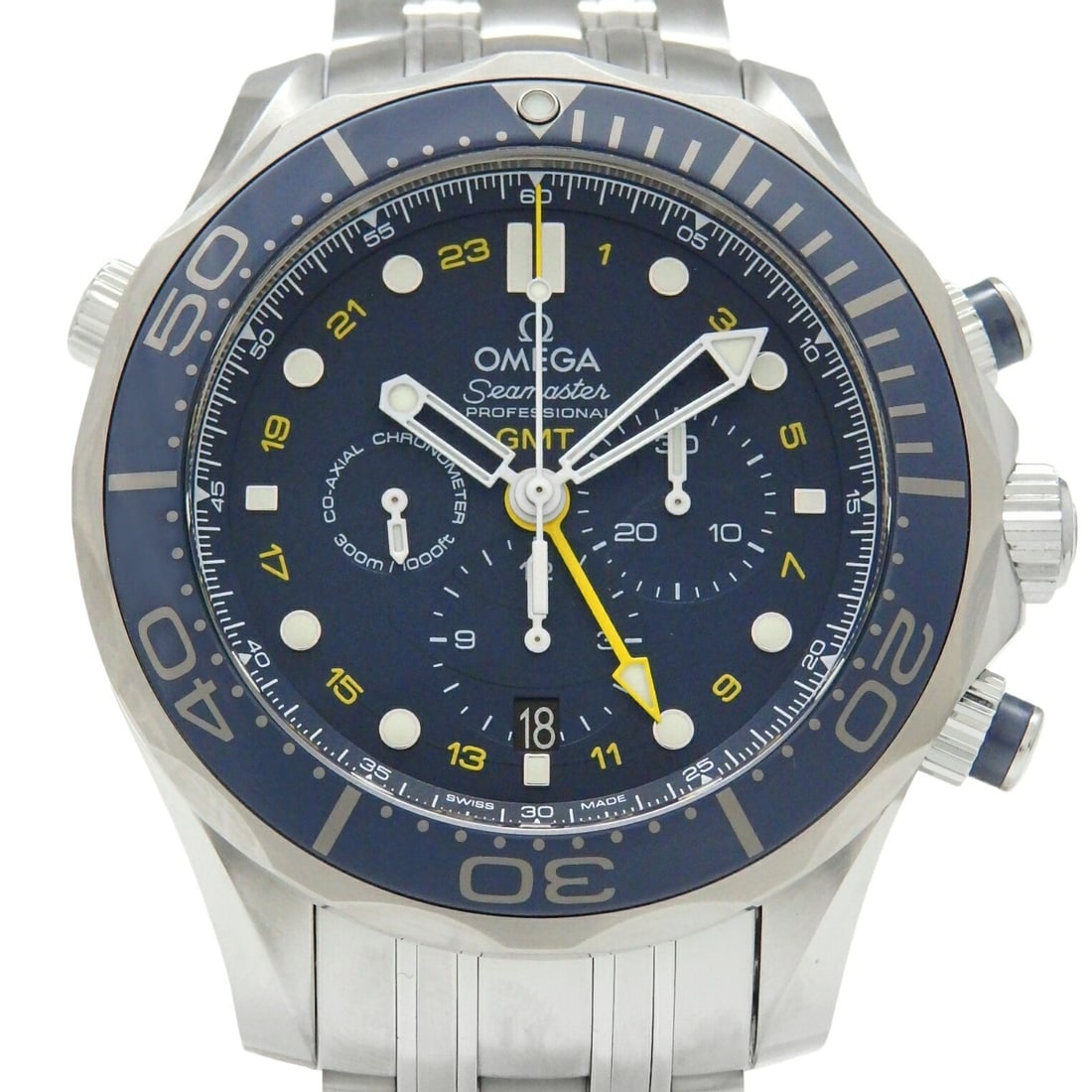 Omega Seamaster 300 Diver GMT Men's Wristwatch 212.30.44.52.03.001: Omega Seamaster 300 Diver GMT Men's Wristwatch 212.30.44.52.03.001 This Omega Seamaster 300 Diver Co-Axial GMT wristwatch is designed for men and crafted in Switzerland. It features a robust and styli
