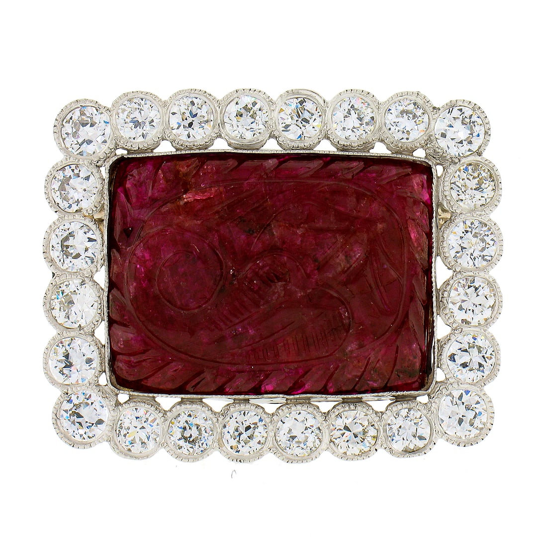 Platinum ruby floral brooch with old European diamond halo (1 of 6)
