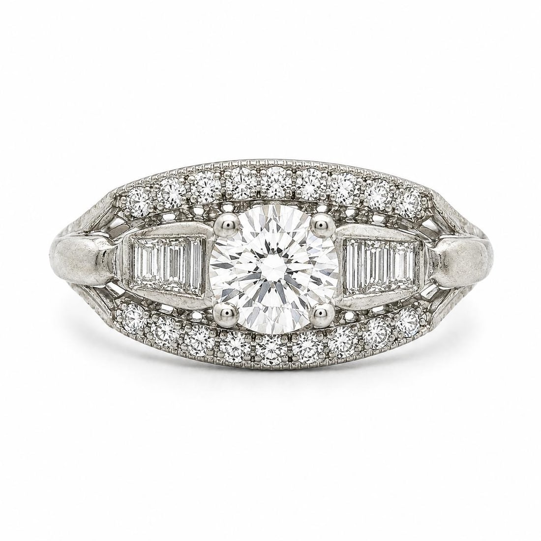 Vintage 14k White Gold Diamond Ring 1.3ctw Round Center Baguette Accents: Vintage 14k White Gold Diamond Ring 1.3ctw Round Center Baguette Accents Vintage midcentury diamond solitaire ring in solid white gold, centered with one natural round brilliant cut diamond and accent