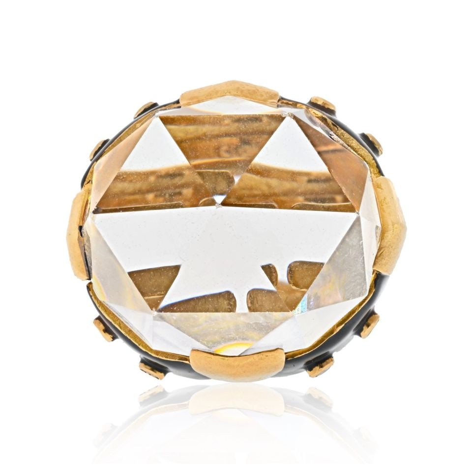 David Webb Platinum 18K Gold Rock Crystal Enamel Diamond Estate Ring: David Webb Platinum 18K Gold Rock Crystal Enamel Diamond Estate Ring This exquisite estate ring features a striking combination of platinum and 18K yellow gold, adorned with a large rock crystal and a
