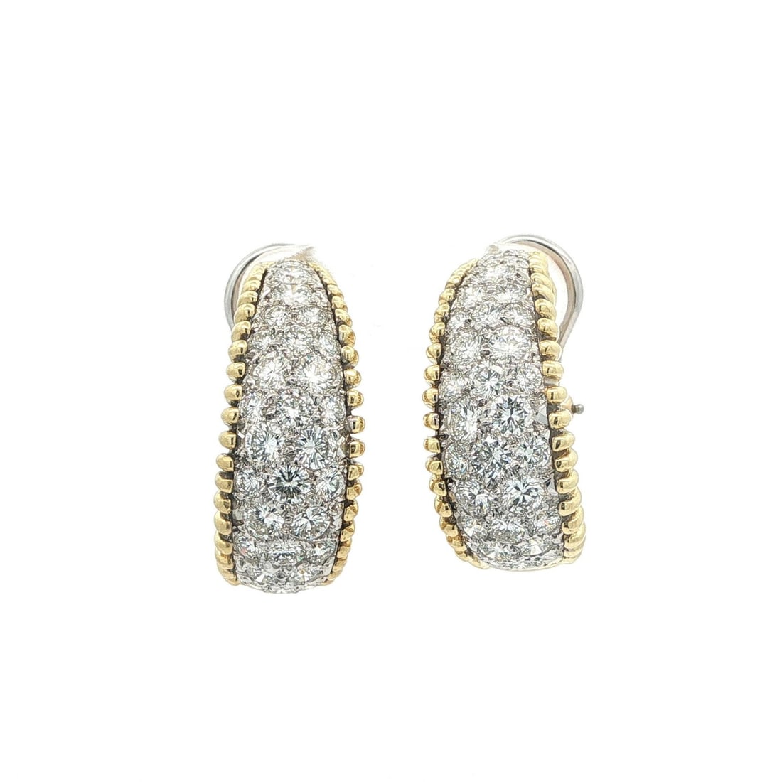 Round Brilliant Diamond Pave Cuff Earrings in 18k Yellow and White Gold 3ctw: Round Brilliant Diamond Pave Cuff Earrings in 18k Yellow and White Gold 3ctw These cuff-style earrings are crafted from 18k two-tone gold, featuring a luxurious combination of solid yellow gold with w