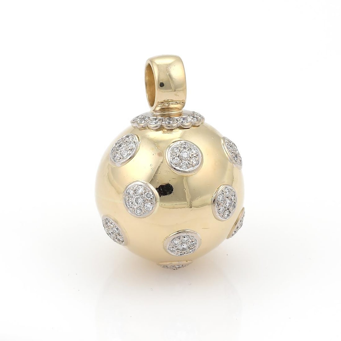 J.Yanis 18k Yellow Gold Disco Ball Pendant with Diamonds: J.Yanis 18k Yellow Gold Disco Ball Pendant with Diamonds This exquisite J.Yanis pendant is an authentic designer piece, skillfully crafted in Spain from 18k yellow gold with a lustrous high polished f