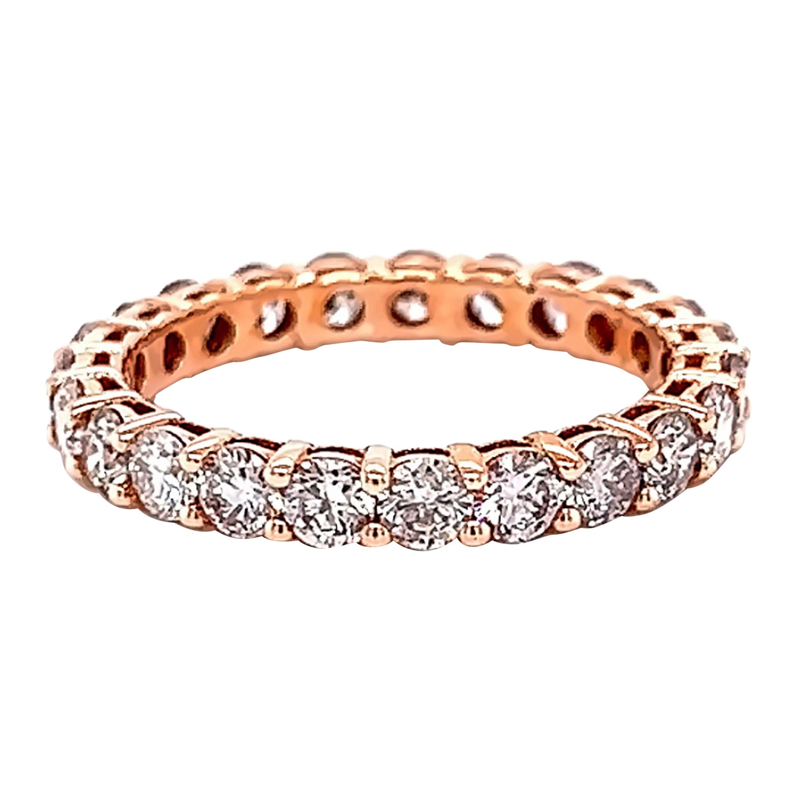 1.82ct Round Diamond Eternity Band 14k Rose Gold: 1.82ct Round Diamond Eternity Band 14k Rose Gold This stunning diamond eternity band features 23 round brilliant diamonds totaling 1.82 carats, set in luxurious 14k rose gold. The ring is designed in 