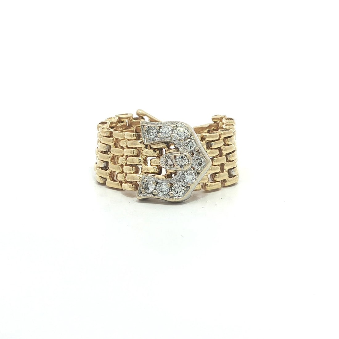 Unbranded 18k Yellow and White Gold Diamond Panther Link Buckle Band Ring: Unbranded 18k Yellow and White Gold Diamond Panther Link Buckle Band Ring Pre-owned women's band ring featuring a wide buckle design with a flexible panther link band. Crafted in solid 18k two-tone go