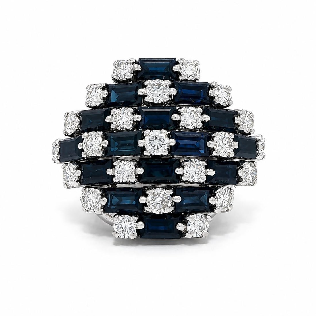 14k White Gold Sapphire Diamond 7 Row Band Ring Size 5: 14k White Gold Sapphire Diamond 7 Row Band Ring Size 5 This vintage wide band ring features seven rows set with natural baguette-cut sapphires and round brilliant-cut diamonds. Crafted from solid 13-1