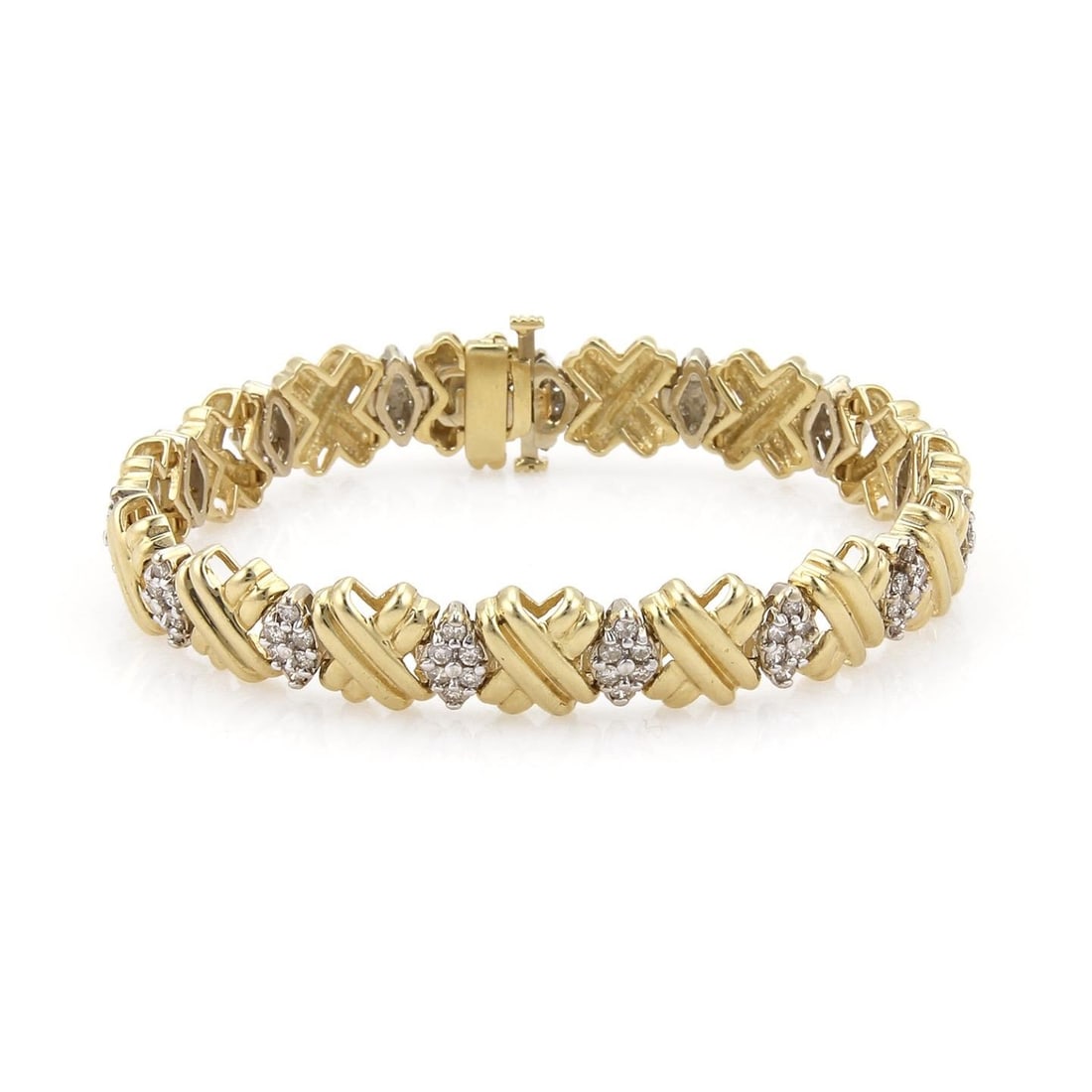 Vintage 14k Yellow and White Gold X Link Diamond Bracelet: Vintage 14k Yellow and White Gold X Link Diamond Bracelet This vintage bracelet features 14k yellow and white gold with a polished finish. The design showcases alternating marquise-shaped links set wi