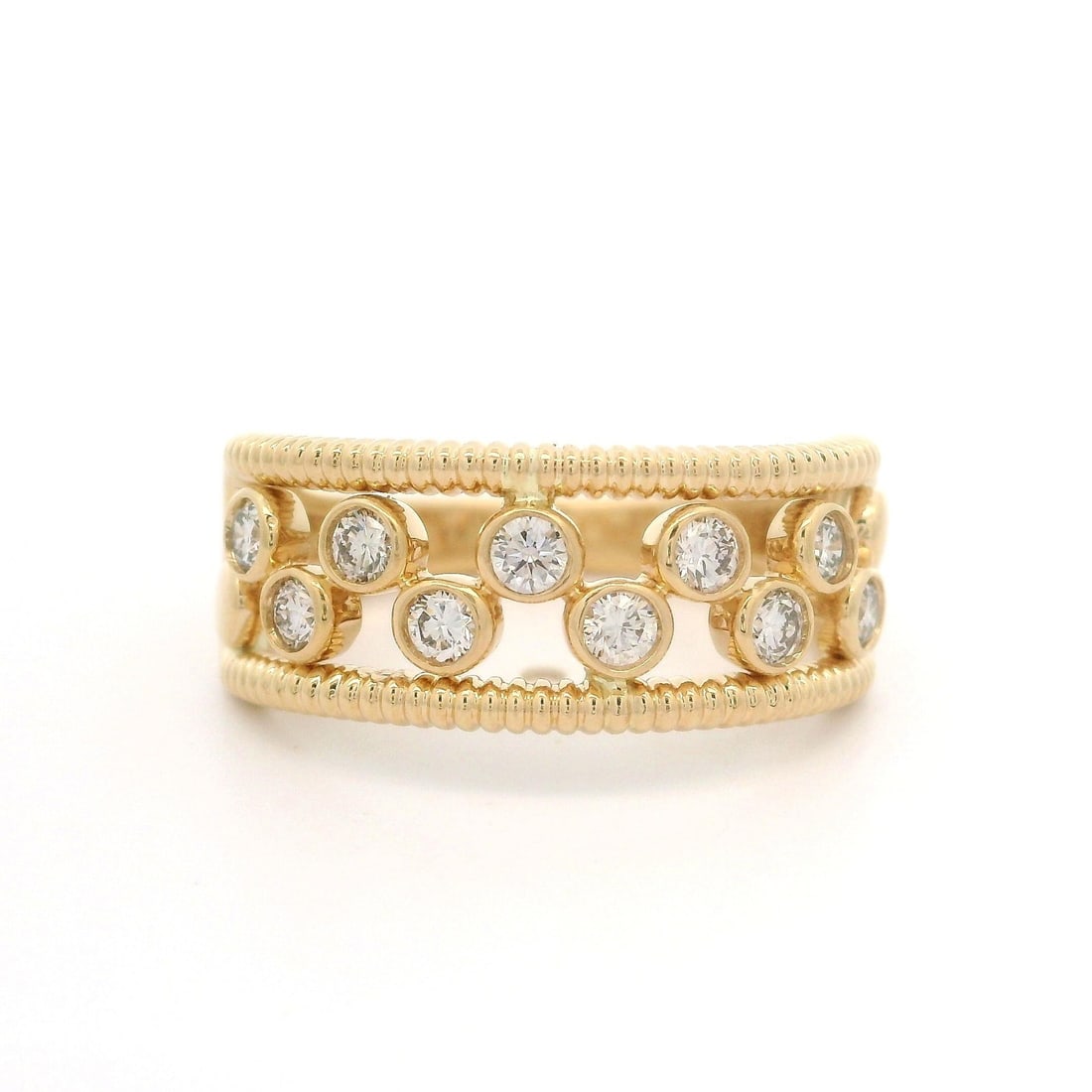 14k Yellow Gold 0.50ctw Floating Diamond Band Ring: 14k Yellow Gold 0.50ctw Floating Diamond Band Ring This stunning wide open work band ring features a solid 14k yellow gold construction and showcases a beautiful arrangement of (10) natural genuine di