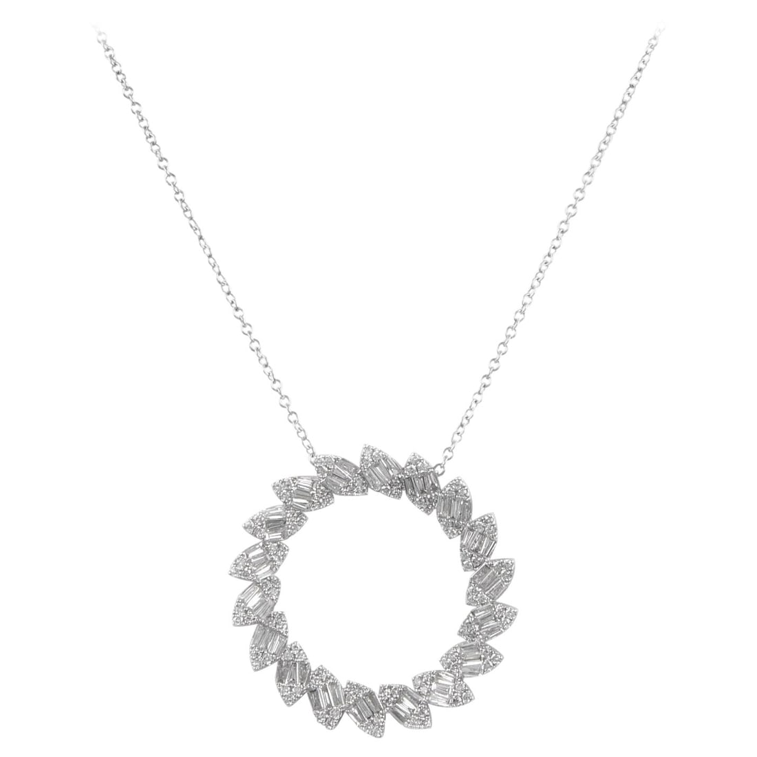 1.65ct Diamond Pendant Necklace in 18k White Gold: 1.65ct Diamond Pendant Necklace in 18k White Gold This exquisite illusion set diamond pendant necklace features a stunning design that mimics the appearance of marquise diamonds. Crafted from 18k whit