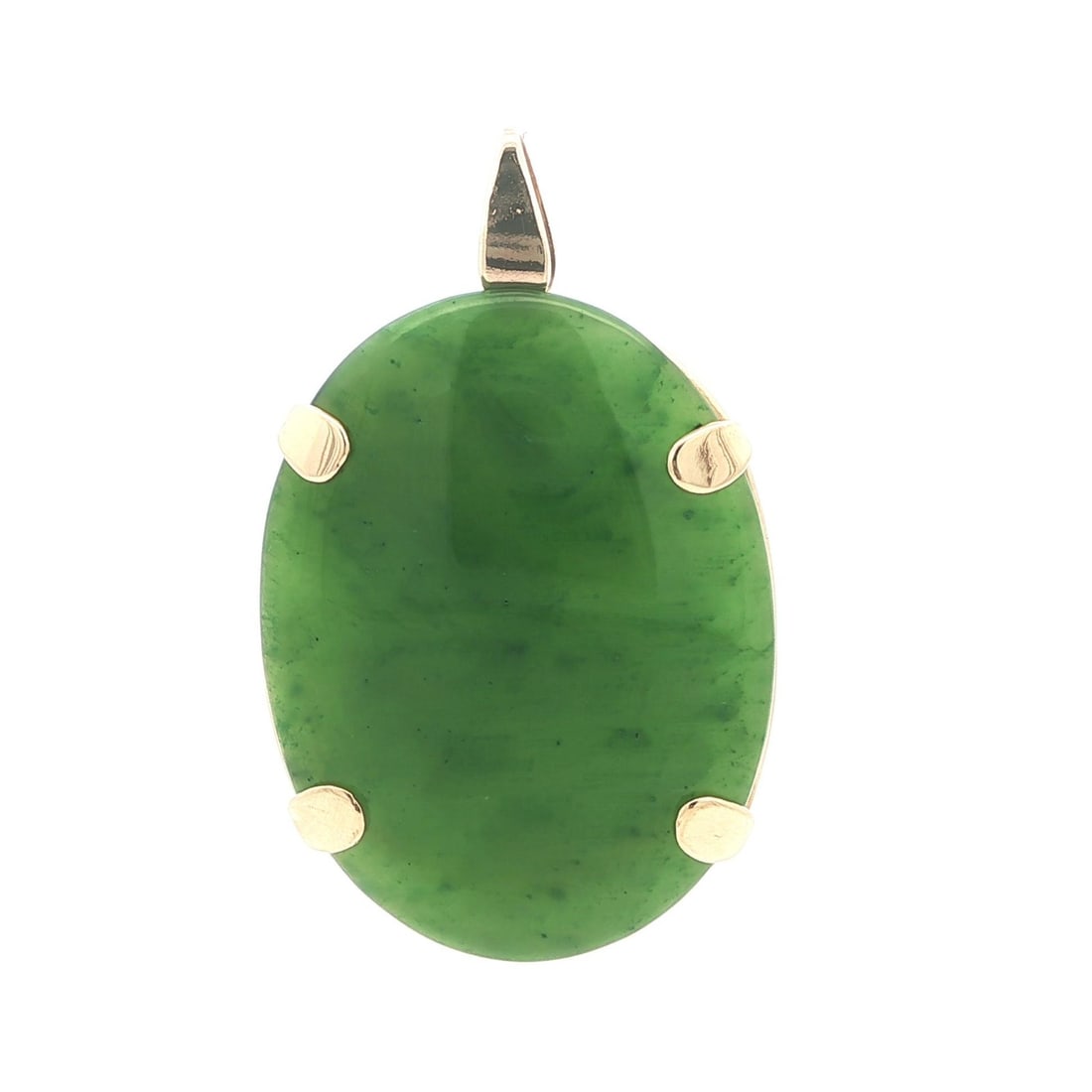 Vintage Yellow Gold Oval Cabochon Green Jade Pendant 12-14k: Vintage Yellow Gold Oval Cabochon Green Jade Pendant 12-14k This stunning vintage pendant features a large oval cut green jade gemstone, elegantly set with rounded prongs in solid yellow gold. The nat