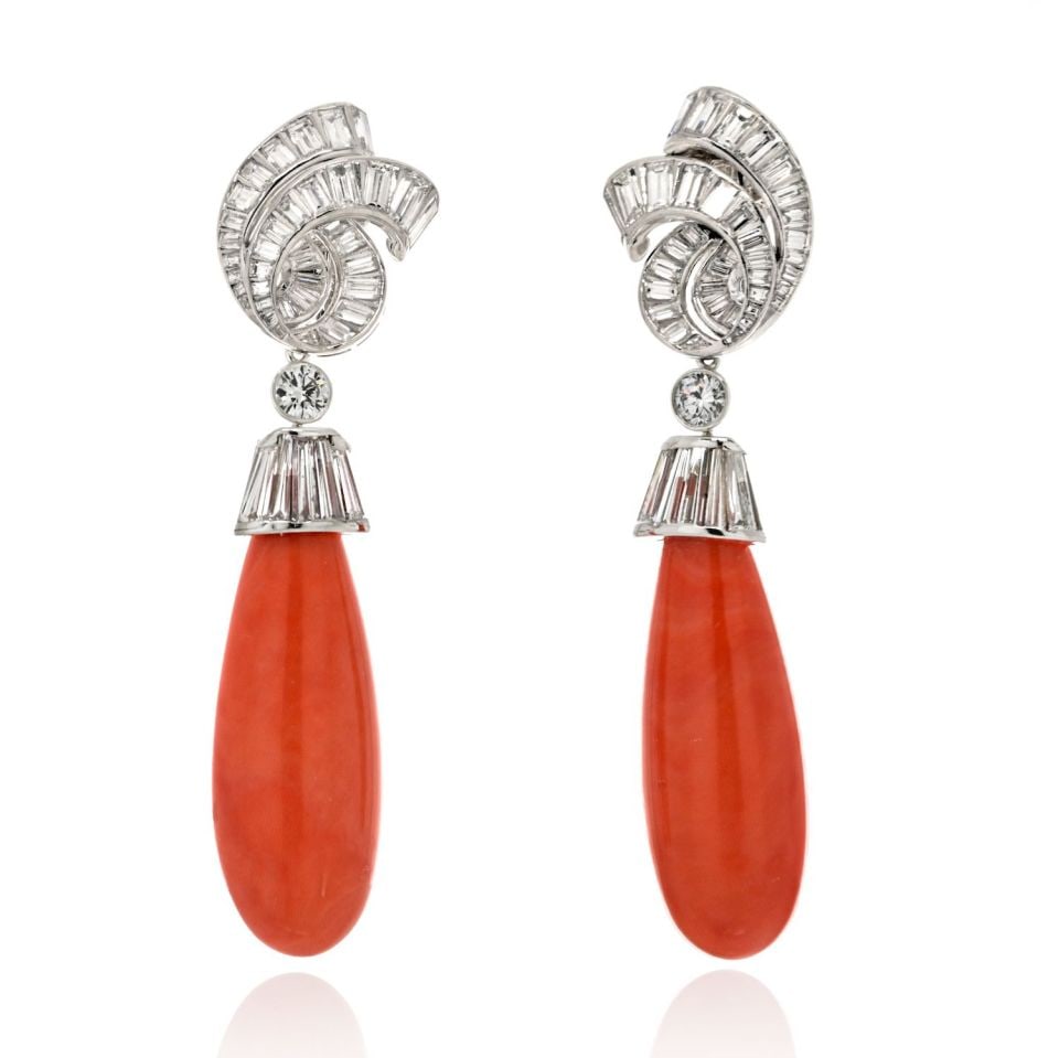 David Webb Platinum Coral Diamond Convertible Drop Earrings: David Webb Platinum Coral Diamond Convertible Drop Earrings These exquisite earrings by David Webb feature a luxurious design crafted from platinum. Each earring showcases a smooth coral drop elegantl