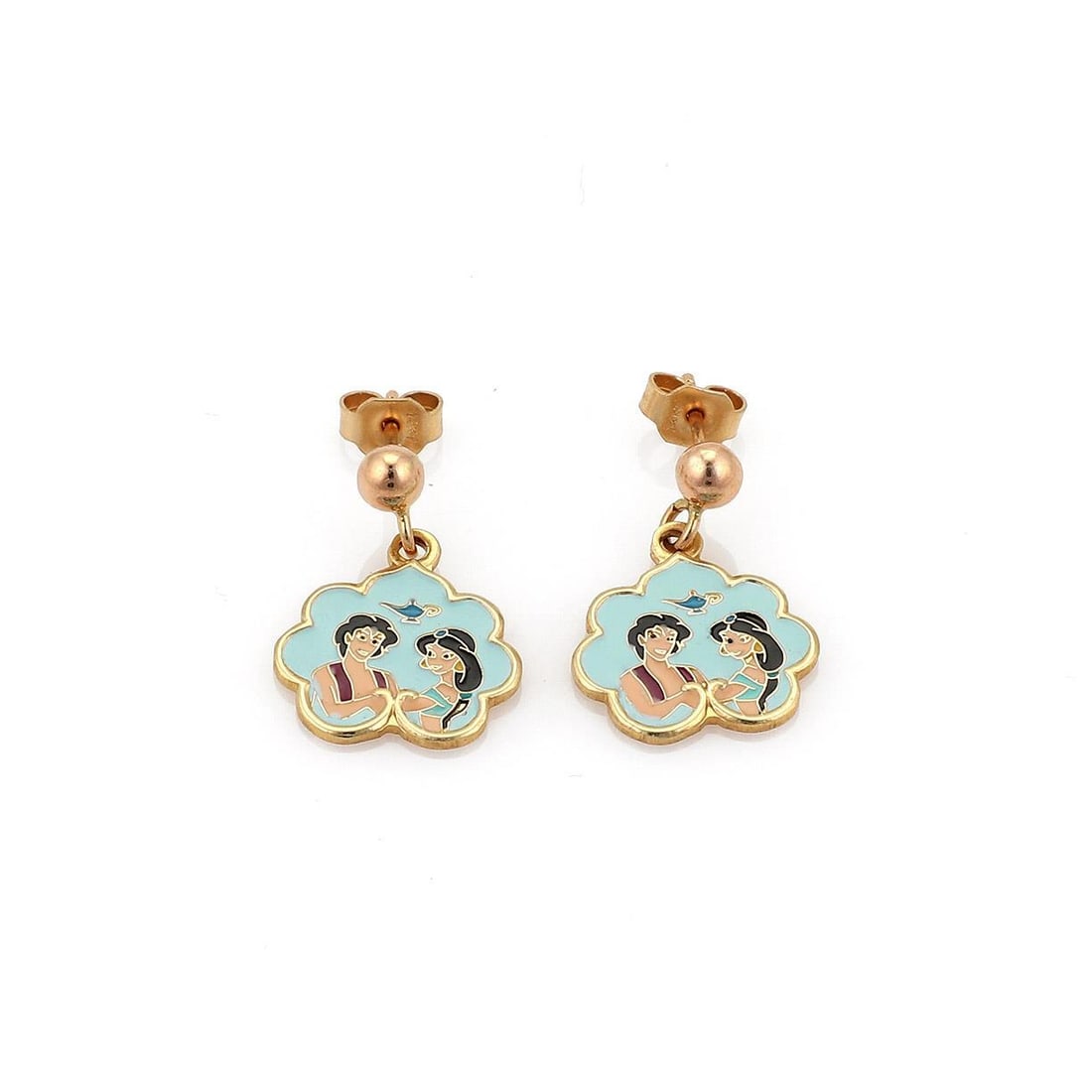 Disney 14k Gold Aladdin Jasmine Enamel Dangle Earrings: Disney 14k Gold Aladdin Jasmine Enamel Dangle Earrings Embrace the magic of Disney with these enchanting Aladdin and Jasmine dangle earrings. Crafted from luxurious 14k yellow gold, these designer ear