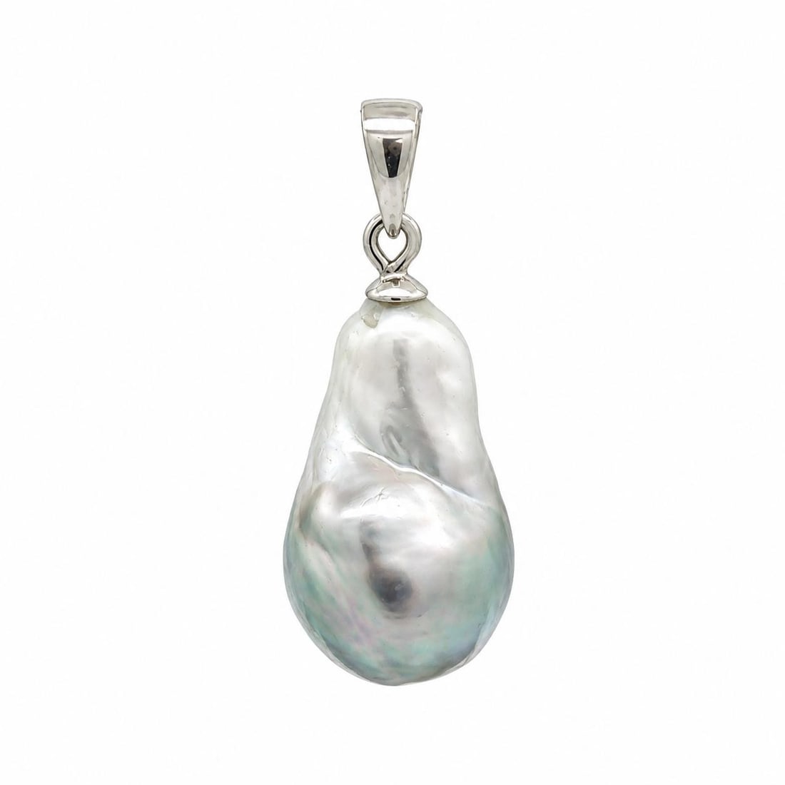 14k White Gold Baroque Gray Pearl Y Drop Pendant: 14k White Gold Baroque Gray Pearl Y Drop Pendant Elegant Y-drop pendant featuring a genuine cultured baroque pearl in bicolor white and gray, set with a solid 14k white gold bail. This pre-owned penda