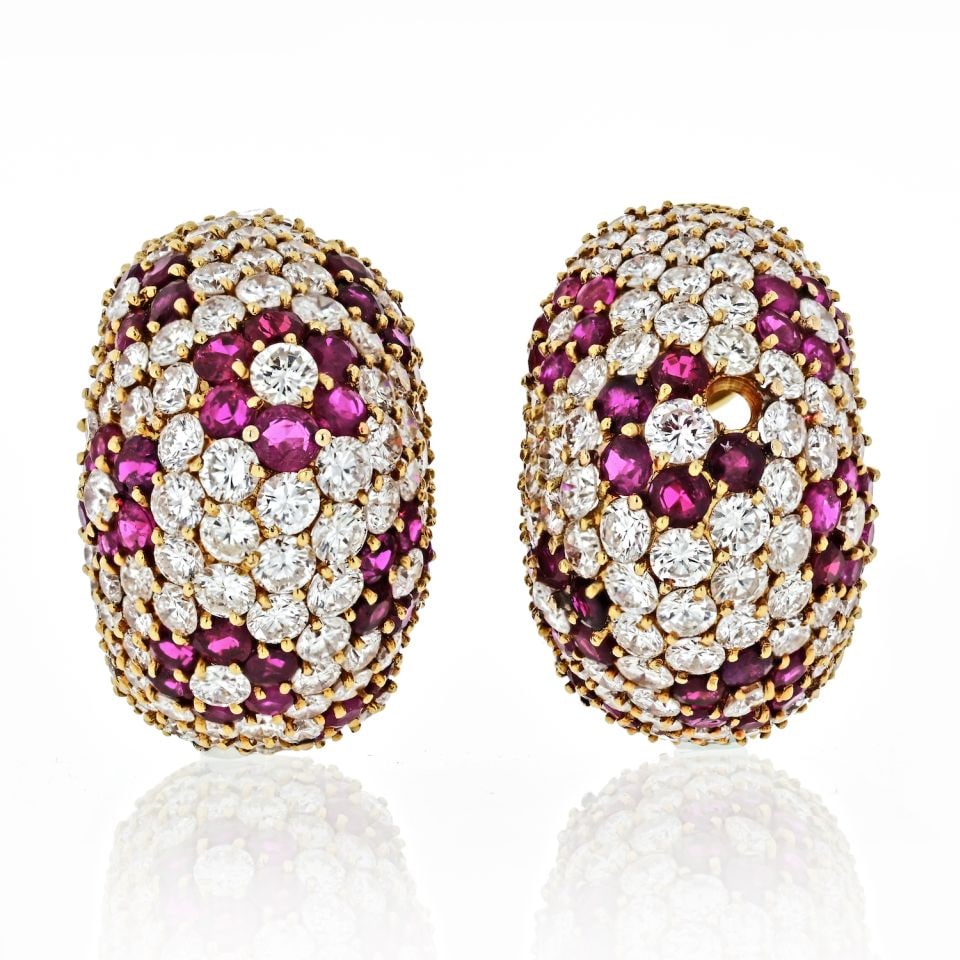 18K Yellow Gold 15ct Ruby Diamond Hoop Earrings (1 of 3)