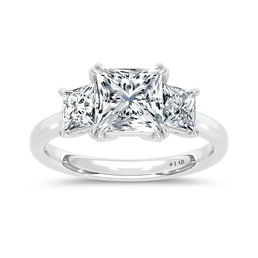 14K White Gold Lab Grown Diamond 5 Ct.Tw. Princess Shape Three Stone Engagement Ring: 14K White Gold Lab Grown Diamond 5 Ct.Tw. Princess Shape Three Stone Engagement Ring This stunning three-stone ring features a sparkling 3 CT Princess Center diamond with two shimmering side diamonds,