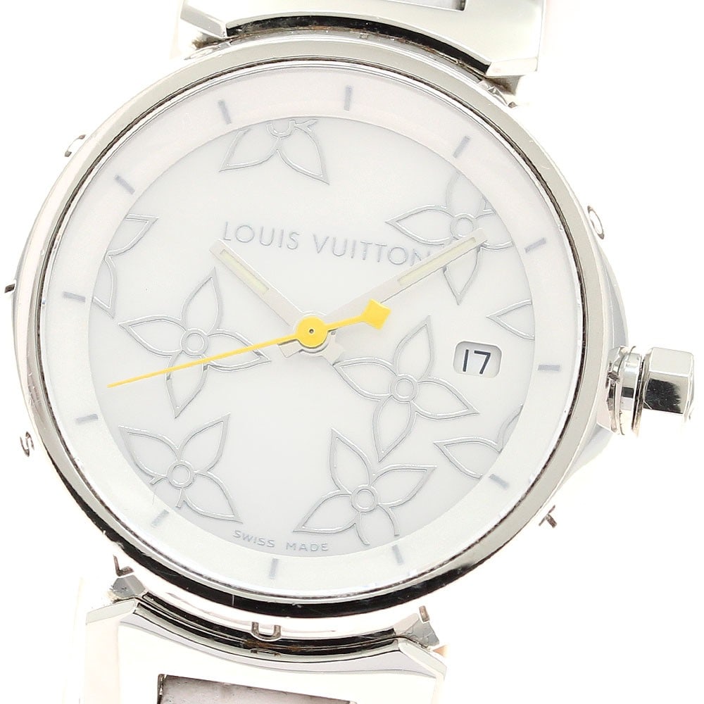 Louis Vuitton Tambour Quartz Date Women's Wristwatch Q121C: Louis Vuitton Tambour Quartz Date Women's Wristwatch Q121C This Louis Vuitton Tambour Date Quartz women's wristwatch features a stainless steel case paired with a white shell dial and leather strap. T