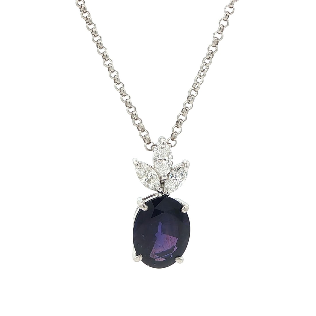 Platinum GIA 4.43ct No Heat Blue Violet Purple Sapphire Diamond Pendant: Platinum GIA 4.43ct No Heat Blue Violet Purple Sapphire Diamond Pendant This stunning pendant features a natural genuine sapphire weighing 3.95ct, showcasing a captivating color change from blue viole