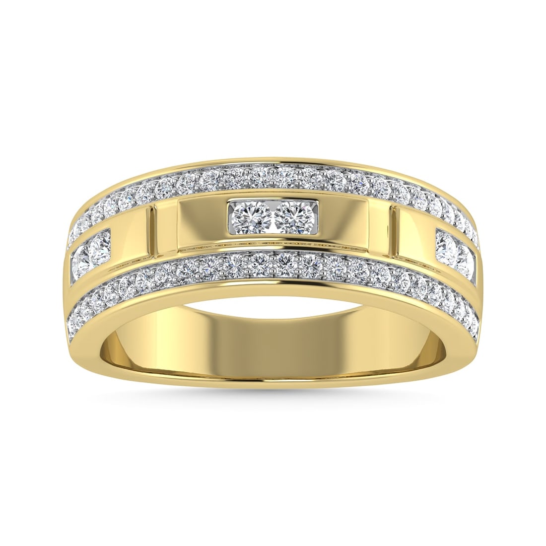 Diamond 3/4 Ct.Tw. Mens Wedding Band in 14K Yellow Gold: Diamond 3/4 Ct.Tw. Mens Wedding Band in 14K Yellow Gold 14k Yellow Gold Stone Color: G-h Stone Clarity: Si2 Each ring is presented in standard size 6.5. Complimentary resizing is available between siz