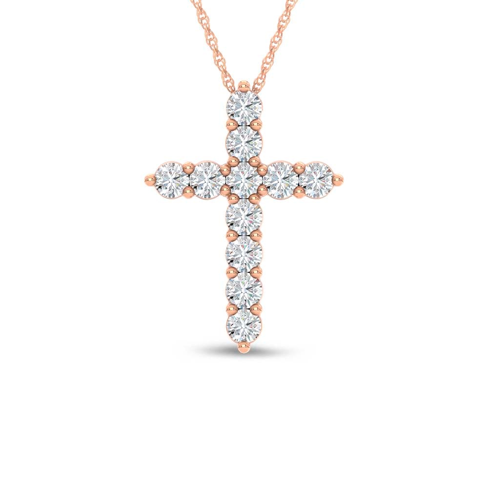 14K Rose Gold Lab Grown Diamond 2 Ct.Tw. Cross Pendant: 14K Rose Gold Lab Grown Diamond 2 Ct.Tw. Cross Pendant Elegant 10K Rose gold cross pendant featuring lab-grown diamonds totaling 2 carat total weight. 14k Rose Gold Stone Color: D-f Stone Clarity: Vs 