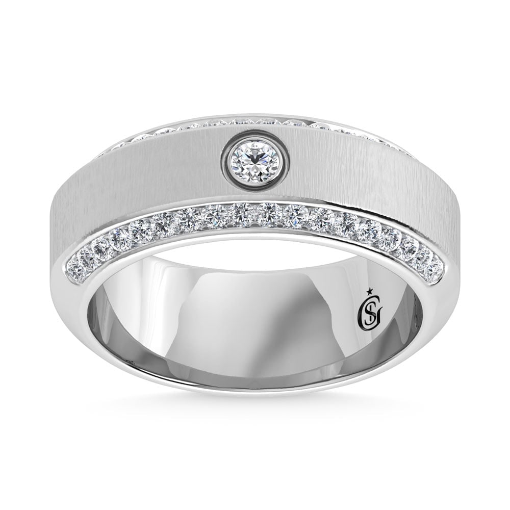 14K White Gold Diamond 5/8 Ct.Tw. Channel and Bezel Set Mens Machine Band: 14K White Gold Diamond 5/8 Ct.Tw. Channel and Bezel Set Mens Machine Band 14k White Gold Stone Color: G-h Stone Clarity: Si2 Each ring is presented in standard size 6.5. Complimentary resizing is avai