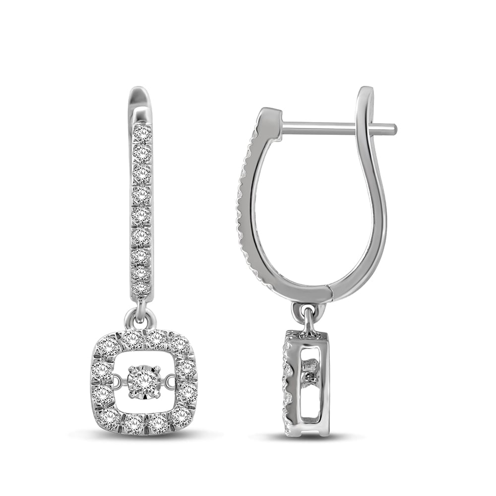 14K White Gold 1 1/4 Ct.Tw. Moving Diamond Danglers Earrings: 14K White Gold 1 1/4 Ct.Tw. Moving Diamond Danglers Earrings These stunning Earrings are available in 14K White Gold. There are 38 round diamonds with a total carat weight of 1 1/4 Ct.Tw. set in a pro