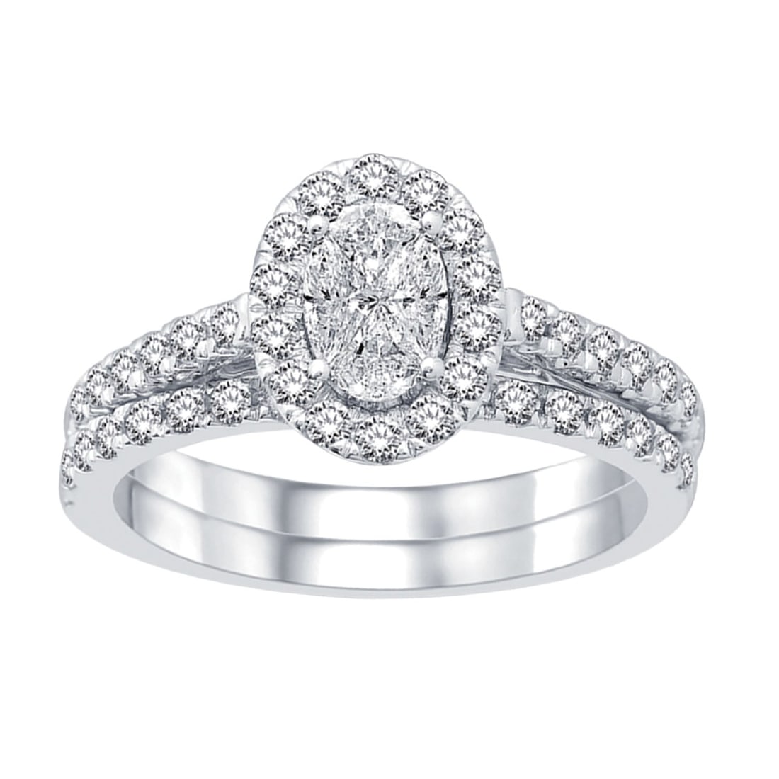 Lovecuts 14K White Gold 1 1/2 Ct.Tw. Diamond Bridal Ring: Lovecuts 14K White Gold 1 1/2 Ct.Tw. Diamond Bridal Ring This eye-catching Bridal ring is available in 14K White Gold. There are 49 round diamonds with a total carat weight of 1 1/2 Ct.Tw. set in a mi
