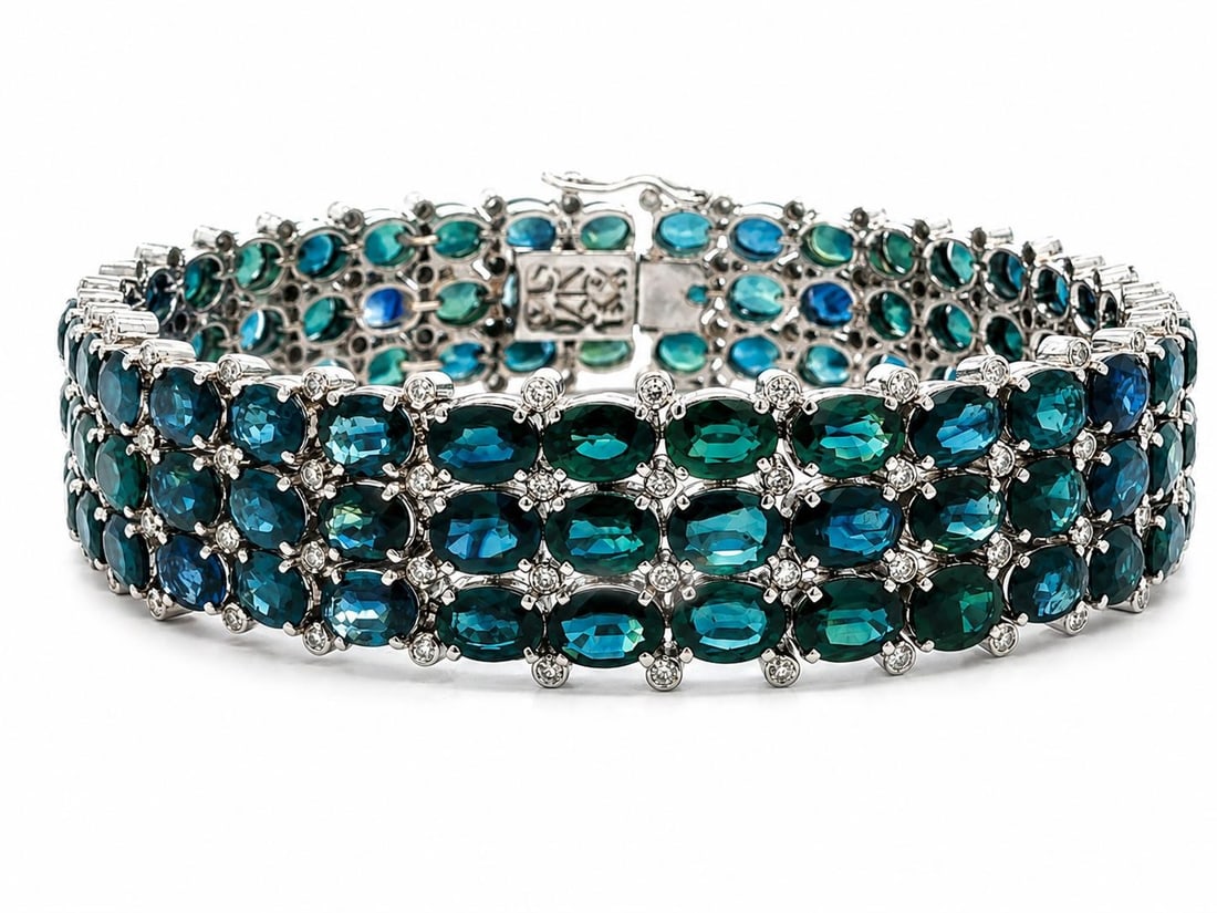Oval sapphire diamond bracelet in silver 3 row push clasp: Oval sapphire diamond bracelet in silver 3 row push clasp This vintage bracelet features three rows of natural oval-cut sapphires and old single-cut diamonds set in a silver band. The bracelet is craf