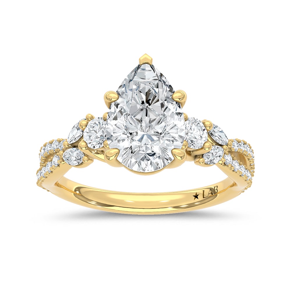 14K Yellow Gold Lab Grown Diamond 2 1/2 Ct.Tw. Pear Shape Engagement Ring: 14K Yellow Gold Lab Grown Diamond 2 1/2 Ct.Tw. Pear Shape Engagement Ring 14k Yellow Gold Stone Color: D-f Stone Clarity: Vs Each ring is presented in standard size 6.5. Complimentary resizing is avai