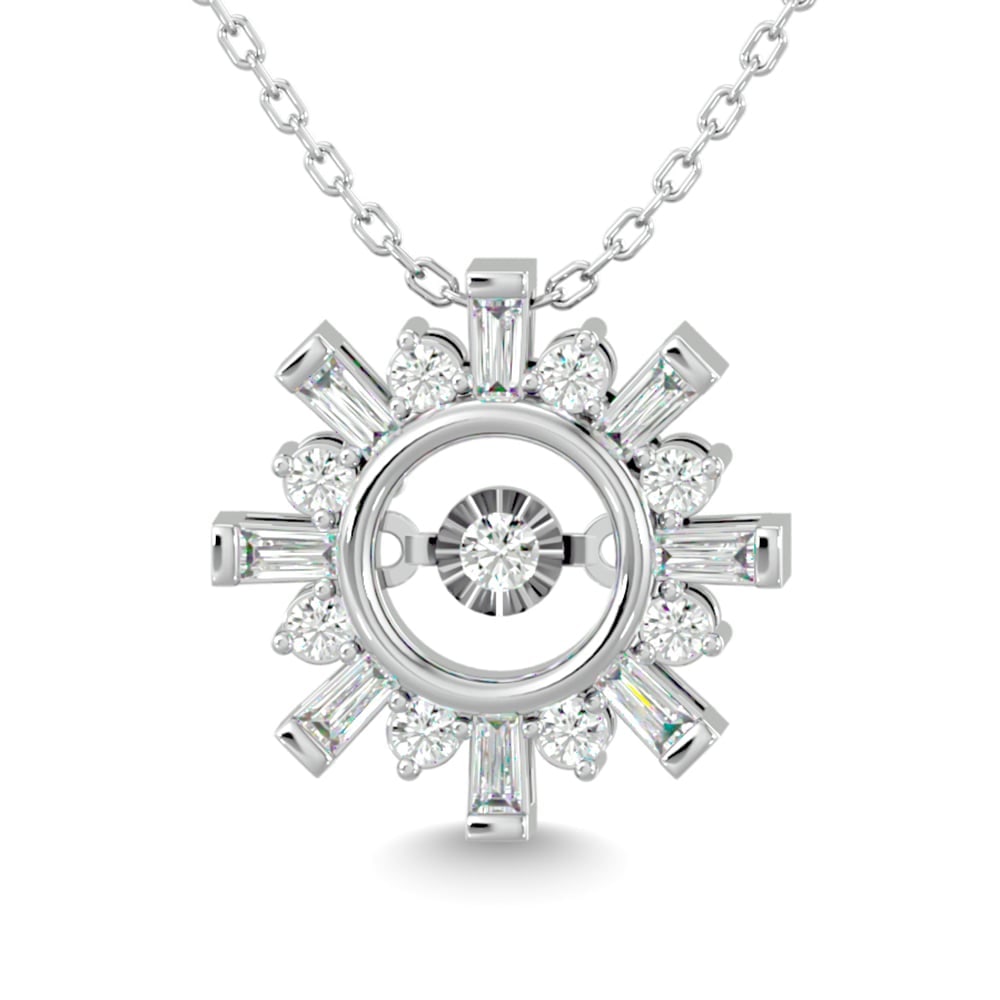 Diamond 1/4 Ct.Tw. Shimmering Pendant in 14K White Gold: Diamond 1/4 Ct.Tw. Shimmering Pendant in 14K White Gold 14k White Gold Stone Color: G-h Stone Clarity: I1 Unless otherwise specified, pendants that include a chain are paired with our standard 18-inch