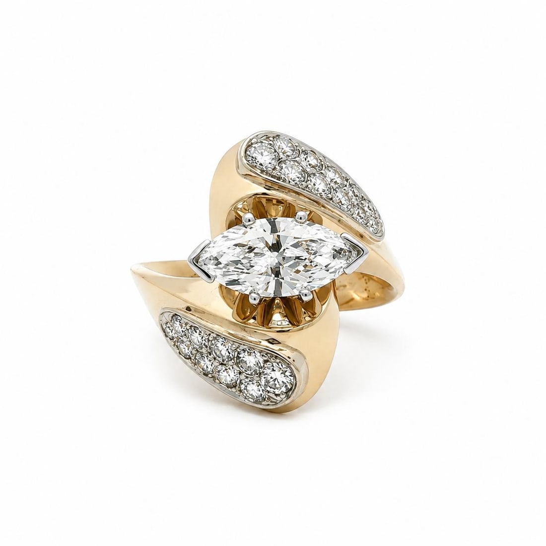 Unbranded 14k Yellow Gold Marquise Diamond Cocktail Ring GIA 1.79ctw: Unbranded 14k Yellow Gold Marquise Diamond Cocktail Ring GIA 1.79ctw Wide east-west cocktail ring crafted in solid 14k yellow gold with a white gold head, featuring a GIA-certified natural marquise di