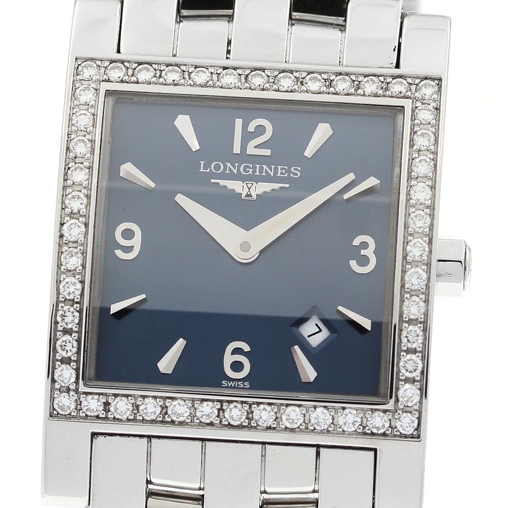 Longines DolceVita Quartz Date Ladies Stainless Steel Watch: Longines DolceVita Quartz Date Ladies Stainless Steel Watch This Longines DolceVita women's wristwatch features a stainless steel case and band with a navy dial and a diamond-set bezel. The watch oper