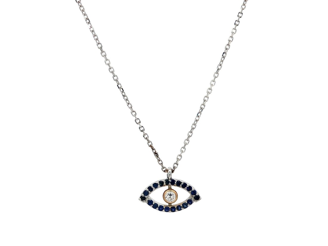 14K Two Tone Gold Evil Eye Pendant Necklace with 0.17ct Sapphire and Diamond: 14K Two Tone Gold Evil Eye Pendant Necklace with 0.17ct Sapphire and Diamond This exquisite Evil Eye Slide Pendant Necklace features a unique design crafted from solid 14K yellow and white gold, enhan