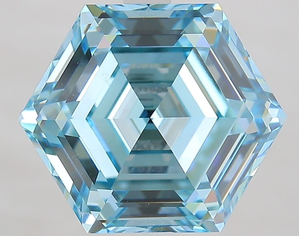 Loose Diamond - HEXAGONAL 5.03ct Fancy Greenish Blue VS1: Loose Diamond - HEXAGONAL 5.03ct Fancy Greenish Blue VS1 Source: This is a real non-mined Diamond that has been grown in a lab Shape: HEXAGONAL Carats: 5.03 Color: Fancy Greenish Blue Certification: I