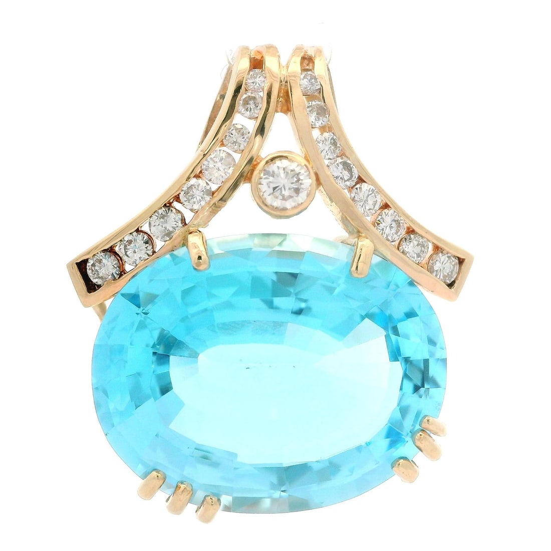 14k Yellow Gold 25.4x20mm Oval Blue Topaz Diamond Pendant: 14k Yellow Gold 25.4x20mm Oval Blue Topaz Diamond Pendant This stunning slide pendant features a large, oval-cut blue topaz, measuring approximately 25.4x20mm, set in a 14k yellow gold frame. The vibr