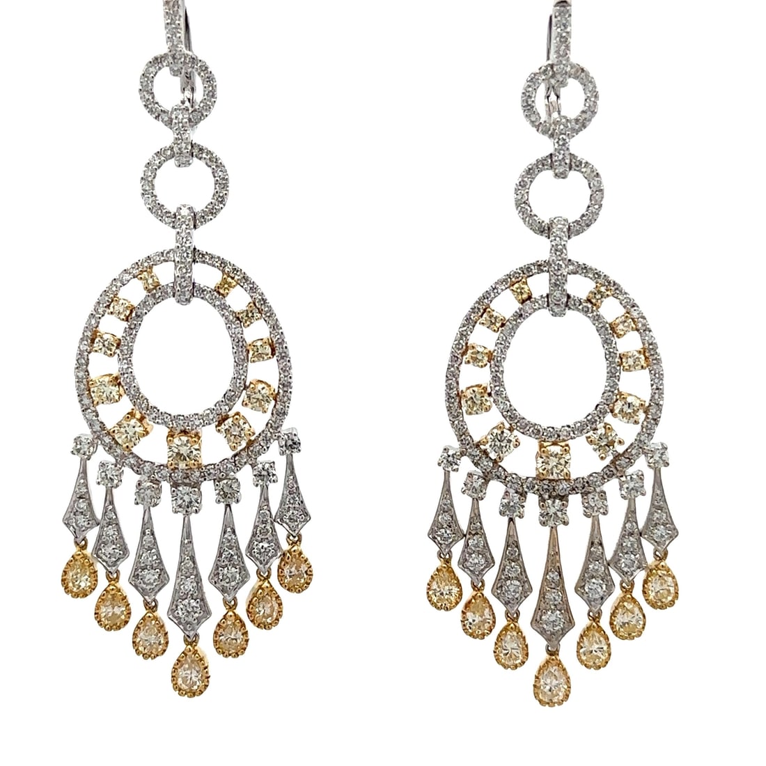 18k Gold 7.90ct Fancy Yellow White Diamond Dangle Earrings: 18k Gold 7.90ct Fancy Yellow White Diamond Dangle Earrings These exquisite 18k two-tone gold dangle chandelier earrings are a stunning addition to any jewelry collection. Featuring a total carat weigh