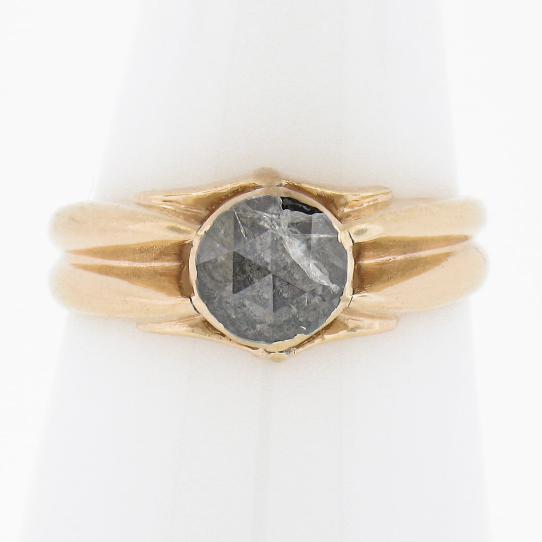 Victorian 9K Gold Bezel Set Diamond Solitaire Ring: Victorian 9K Gold Bezel Set Diamond Solitaire Ring This exquisite antique ring features a stunning 9K yellow gold setting with an old rose cut diamond, beautifully bezel set in the center. The ring sh