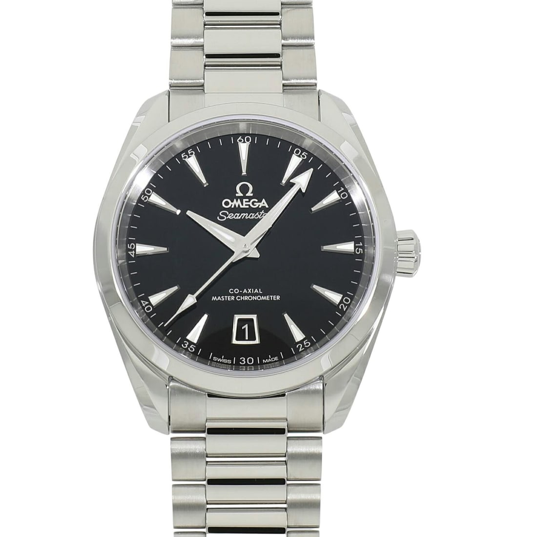 OMEGA Aqua Terra Seamaster Men's Co-Axial Wristwatch: OMEGA Aqua Terra Seamaster Men's Co-Axial Wristwatch This is an OMEGA Seamaster Aqua Terra 150M Co-Axial Master Chronometer wristwatch designed for men. Manufactured in Switzerland, this pre-owned tim