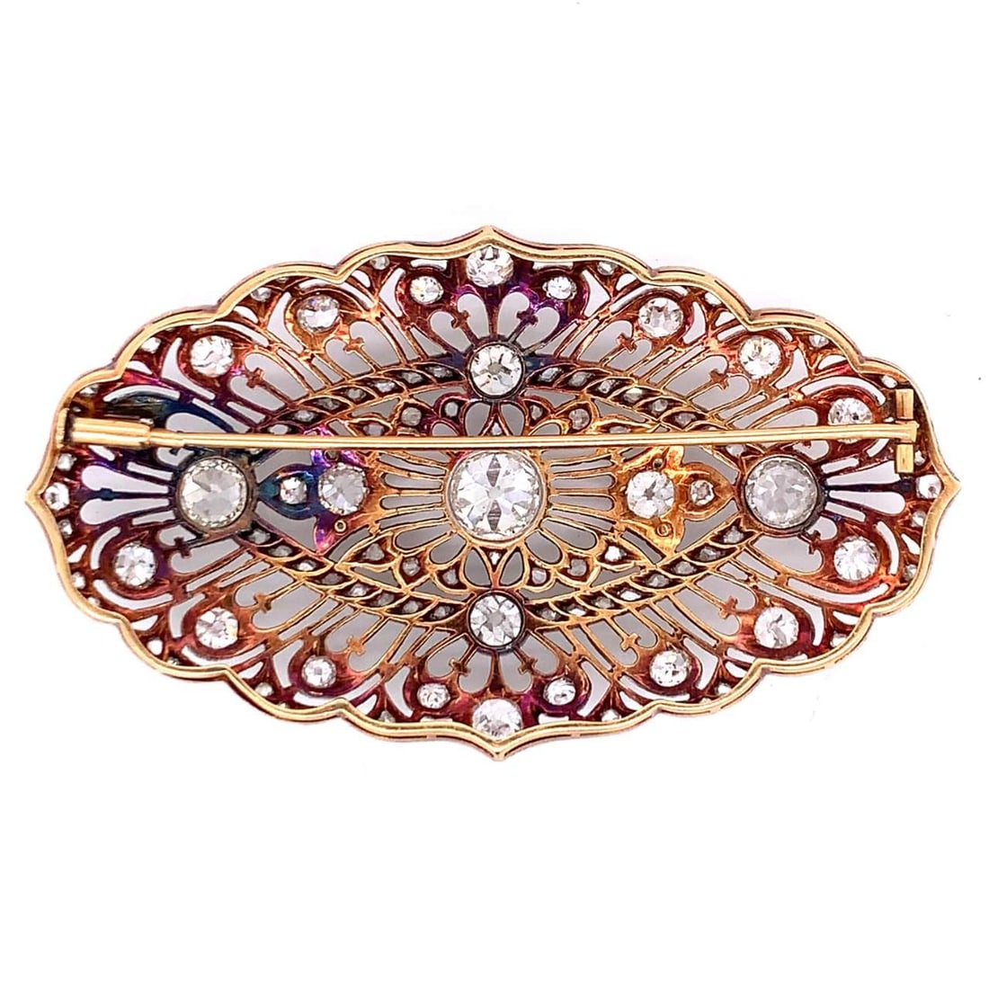 10.50 Ct. Platinum 18K Yellow Gold Diamond Brooch: 10.50 Ct. Platinum 18K Yellow Gold Diamond Brooch This exquisite brooch features a stunning combination of platinum and 18K yellow gold, weighing 21.3 grams. At its center is an approximately 1.90 Ct.