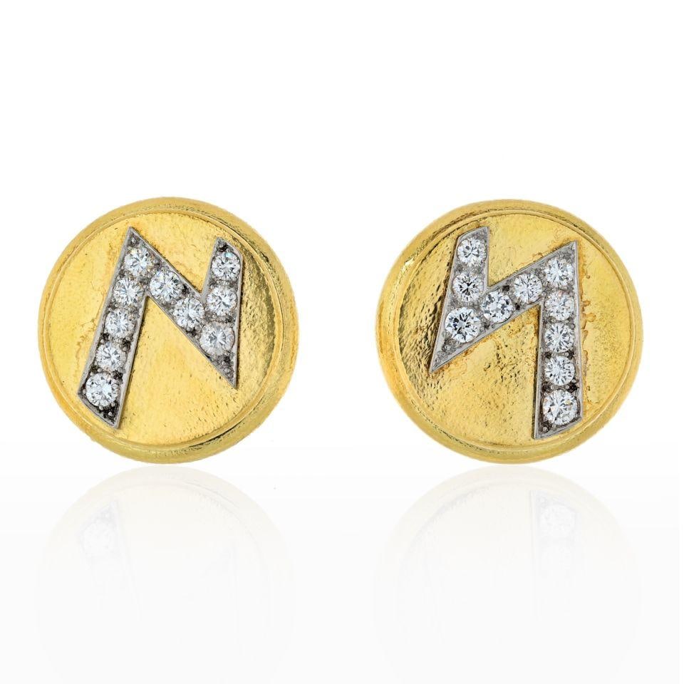 David Webb Platinum 18K Gold Diamond Lightning Bolt Earrings: David Webb Platinum 18K Gold Diamond Lightning Bolt Earrings Elevate your accessory collection with these exquisite earrings from David Webb. Crafted in a stunning combination of platinum and 18K yell