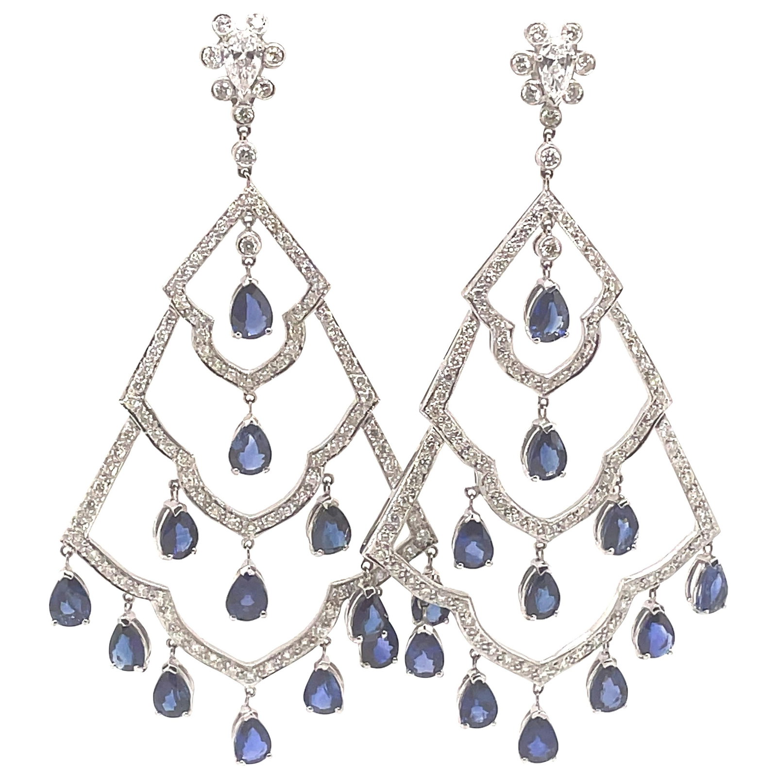 22.36ct Sapphire Diamond Chandelier Earrings 18k White Gold GIA Appraised: 22.36ct Sapphire Diamond Chandelier Earrings 18k White Gold GIA Appraised Experience elegance with these stunning chandelier earrings featuring a remarkable 22.36 carats of sapphires and diamonds. Cra