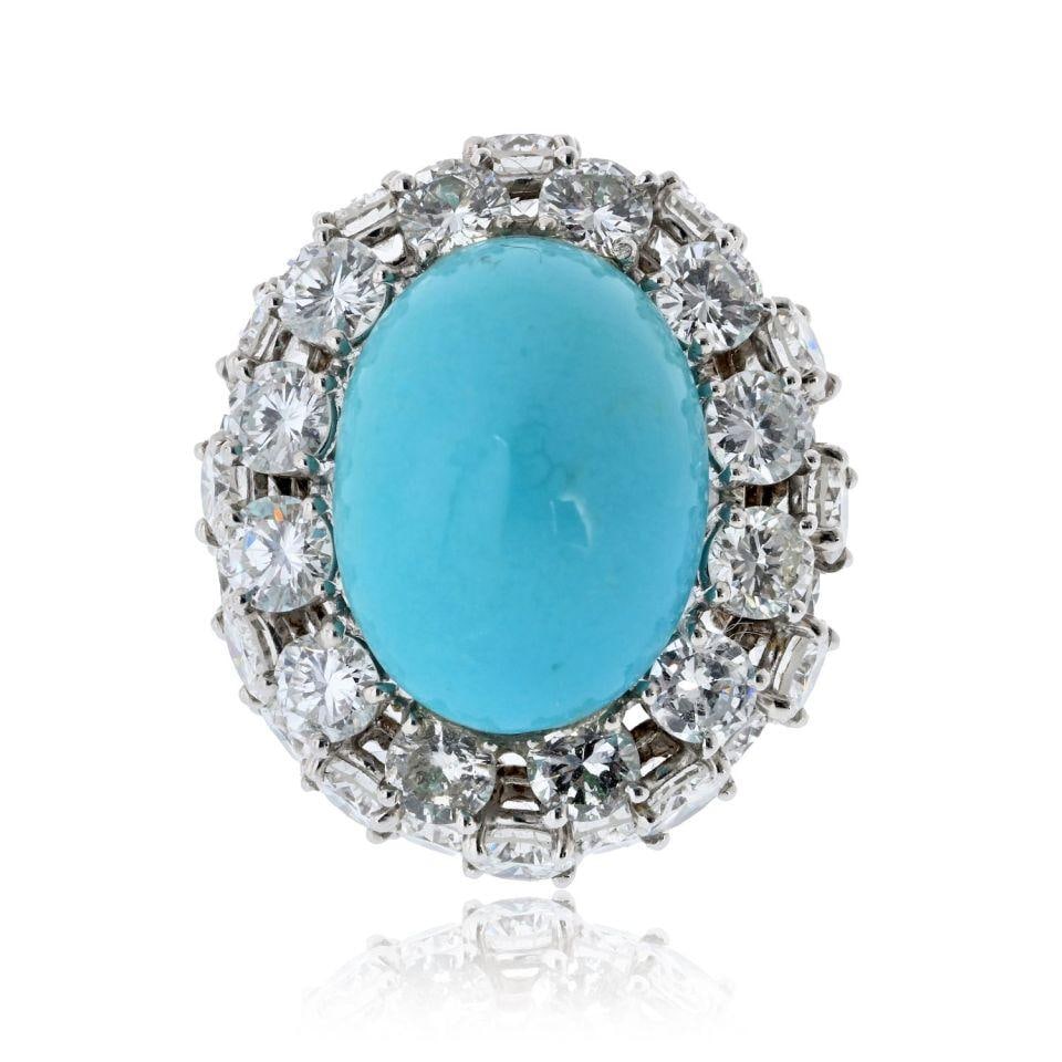 Vintage Platinum Cocktail Ring with Cabochon Turquoise and Diamond Cluster (1 of 7)