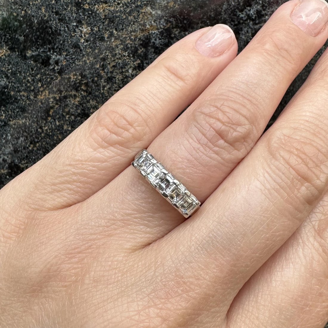 Platinum Vintage Diamond Stack Band Ring 1ctw 5.5 Size: Platinum Vintage Diamond Stack Band Ring 1ctw 5.5 Size This vintage wedding band features five natural carre square step cut diamonds, prong set in solid platinum. The diamonds have a total carat weig