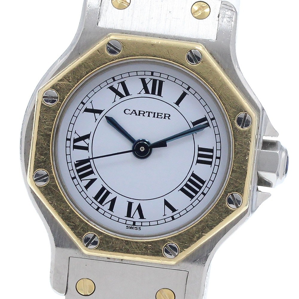Cartier Santos Octagon Ladies Automatic White Dial Yellow Gold Bezel Watch: Cartier Santos Octagon Ladies Automatic White Dial Yellow Gold Bezel Watch This is a pre-owned Cartier Santos Octagon SM wristwatch designed for women. It features a yellow gold bezel and a white dial