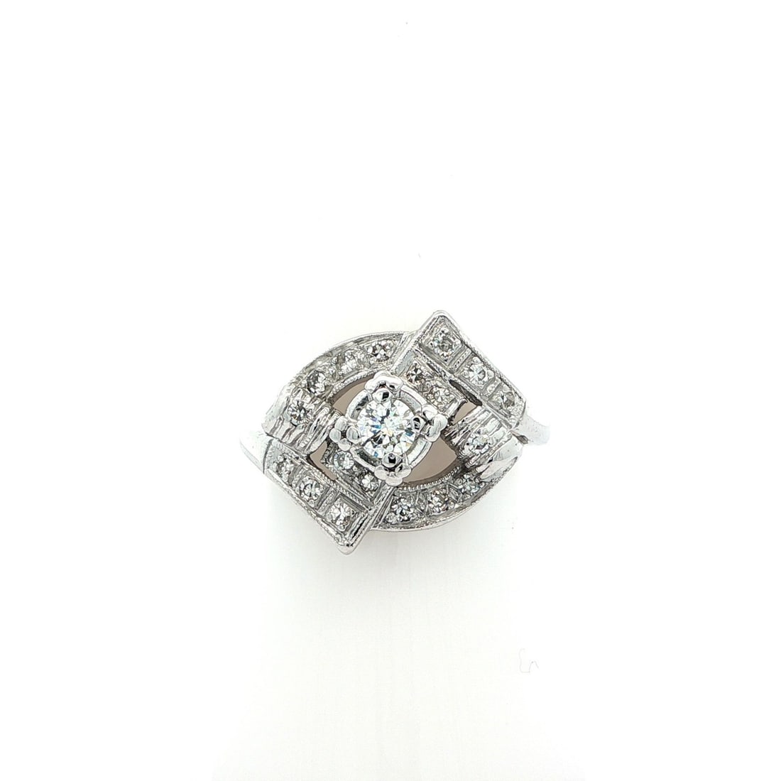 Vintage Mid Century Platinum 0.38ct Diamond Bypass Cocktail Ring: Vintage Mid Century Platinum 0.38ct Diamond Bypass Cocktail Ring Discover a stunning Vintage Mid Century Platinum Diamond Bypass Ring, featuring intricate milgrain scroll work that adds a touch of ele