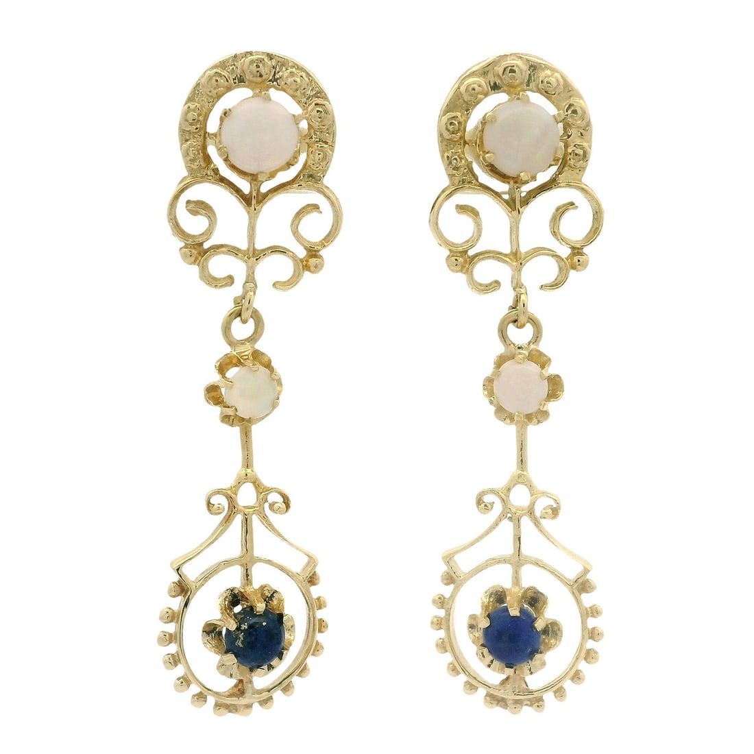 Vintage 14k Yellow Gold Dangle Earrings with Opal and Lapis Lazuli: Vintage 14k Yellow Gold Dangle Earrings with Opal and Lapis Lazuli These vintage dangle drop earrings are crafted from solid 14k yellow gold, showcasing a beautiful combination of natural opals and la