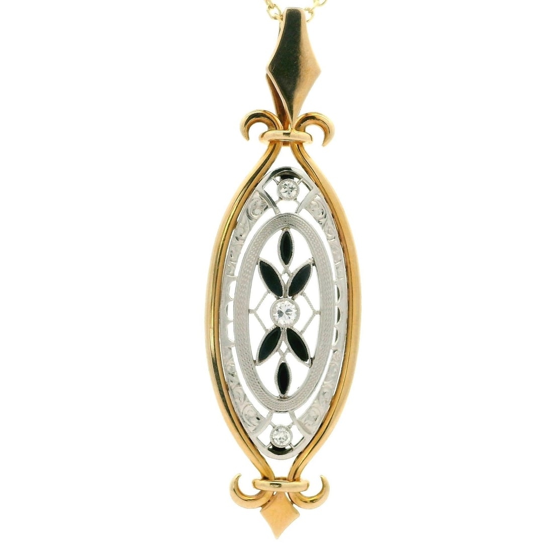 Vintage 14k Gold Platinum Elongated Pendant Necklace w/ Black Stones Diamonds: Vintage 14k Gold Platinum Elongated Pendant Necklace w/ Black Stones Diamonds This exquisite vintage pendant necklace features a stunning elongated design crafted from 14k solid yellow gold with a pla